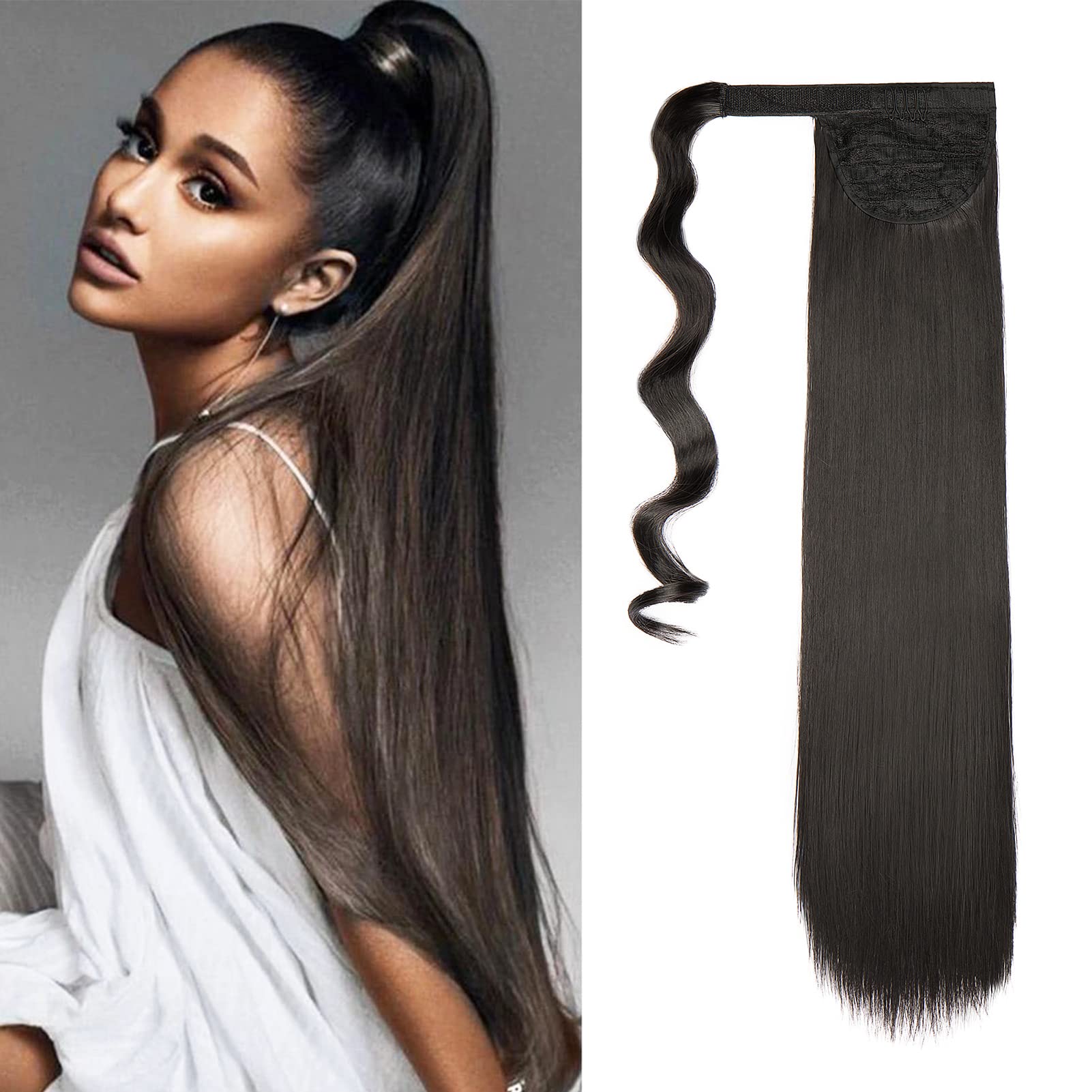 Cybelleza Ponytail Hair Extension Straight Wrap Around Pony Tail Clip in Hair Extensions Hairpiece Synthetic Long for Women (Dark Brown)