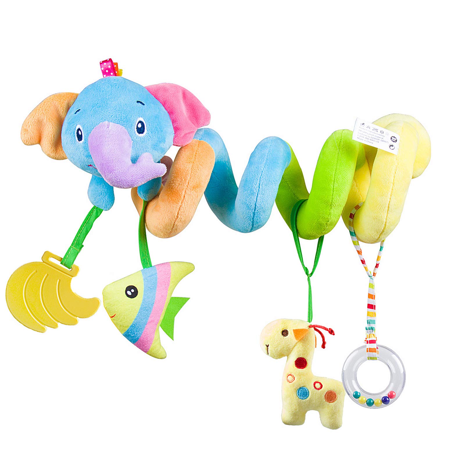 Caterbee Baby Car Seat Toys, Hanging Activity Spiral Plush Stroller Toys with Rattle for boy or Girl (Elephant)