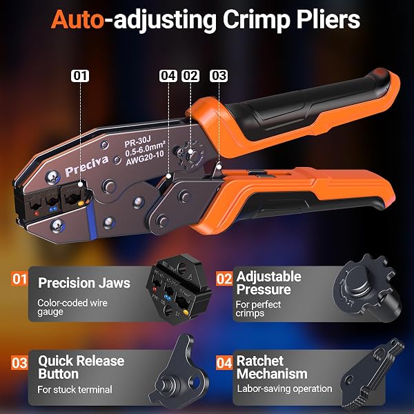 PRECIVA INSULATED CRIMPING TOOL SET WITH STORAGE CASE, RATCHETING WIRE CRIMPER KIT WITH 350 TERMINALS (RED, BLUE, YELLOW), ERGONOMIC HANDLE, HIGH-STRENGTH STEEL, 0.5–6MM² / A.W.G. 20-10 CRIMPING RANGE