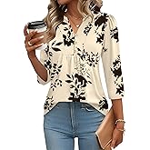 IECCP 3/4 Length Sleeve Womens Tops Dressy Casual Henley V-Neck Summer Tops Pleated T-Shirts Loose Fit Work Blouses