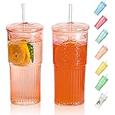 QWEZXO 20 OZ Glass Cup with Lids and Glass Straws, High Borosilicate Iced Coffee Glass Tumblers with Lid and Straw for Drinks, 2pcs Reusable Wide Mouth Smoothie Cup(Orange)