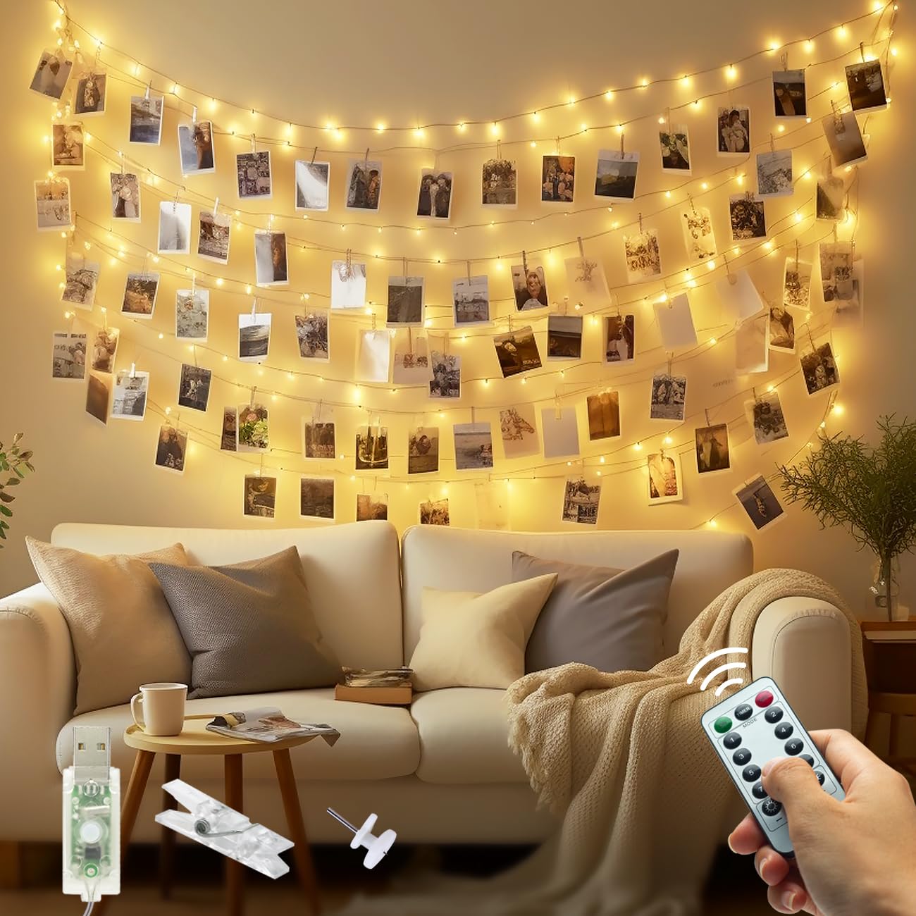 litogo 120 LED Photo Clip String Lights with Timer, USB Plug in Remote Control with 8 Modes Photo Peg Fairy Lights, 60 Clips & 20 Nails Hanging String Photo Frames Decoration for Wedding Party
