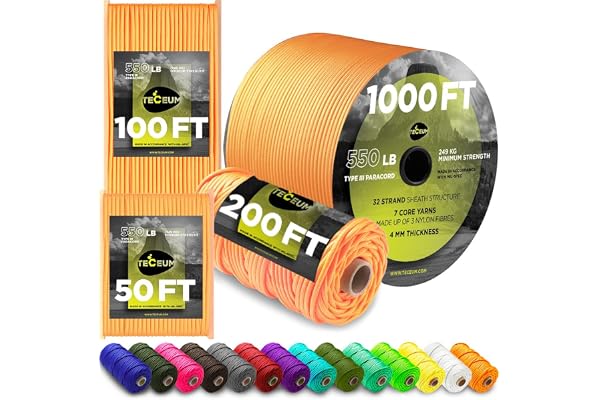 TECEUM 5/32" Paracord Rope 1000 – 1000ft / 200ft / 100ft / 50ft – Tactical Parachute Cord 4mm – 45+ Colors – Nylon String for Survival & Camping Gear – Stripe Cord for Survival – Utility Rope