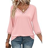 Tankaneo Womens 3/4 Length Sleeve Tops Lace V Neck T-Shirts Dressy Casual Loose Fit Tunic Shirts