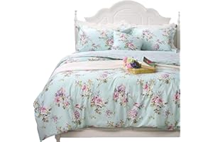 FADFAY Girls Bedding Floral Duvet Cover Set Twin Size Hydrangea Flower 100% Cotton Soft Quilt Cover Set Reversible Zipper Green Blue Bed Cover 3 Piece- No Filling