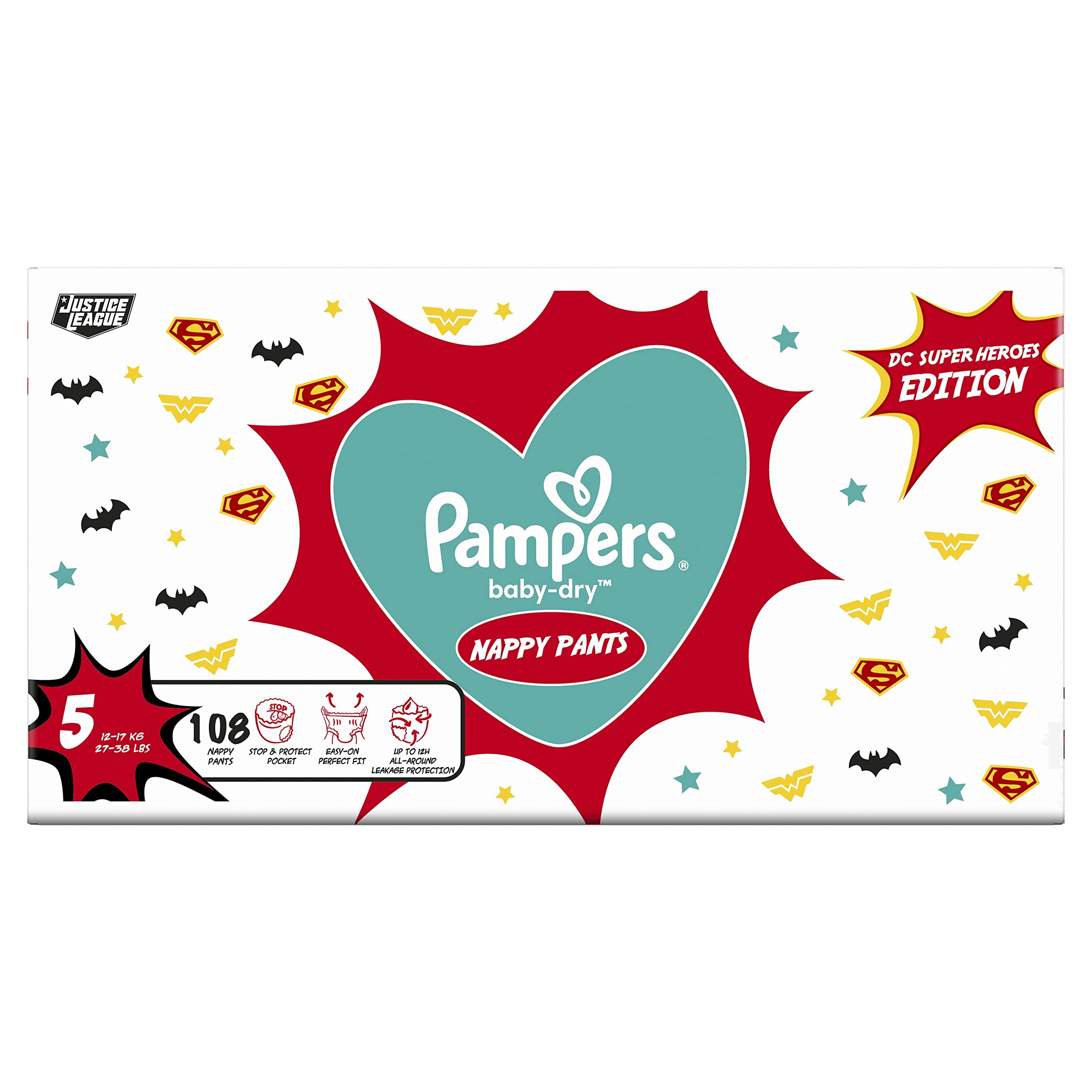 Pampers Baby Nappy Pants Size 5 (12-17 kg/26-37 Lb), Baby-Dry Superhero, 108 Nappies, MONTHLY SAVINGS PACK, With A Stop & Protect Pocket