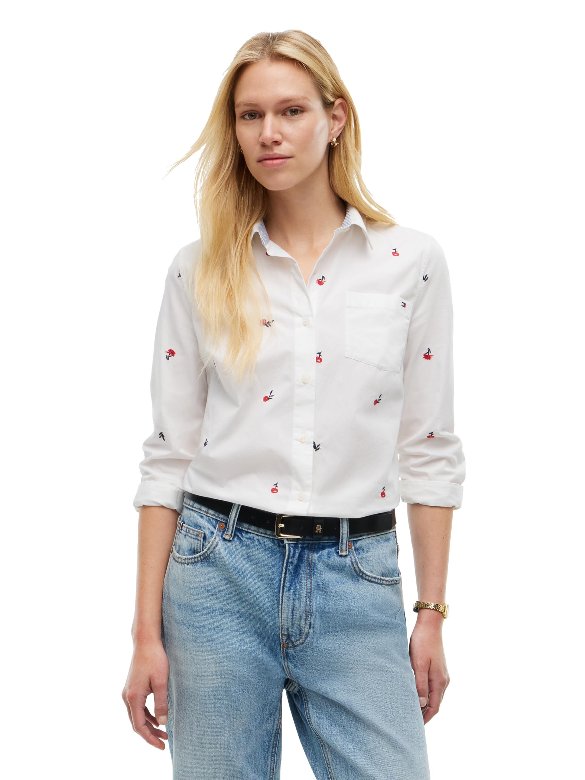 Tommy Hilfiger Women’s Regular Poplin Embroidered Roll Tab Long Sleeve Button Up Shirt, Ecru Small