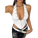 WDIRARA Women's Y2K Halter Top Deep V Backless Asymmetrical Hem Cami Crop Tops