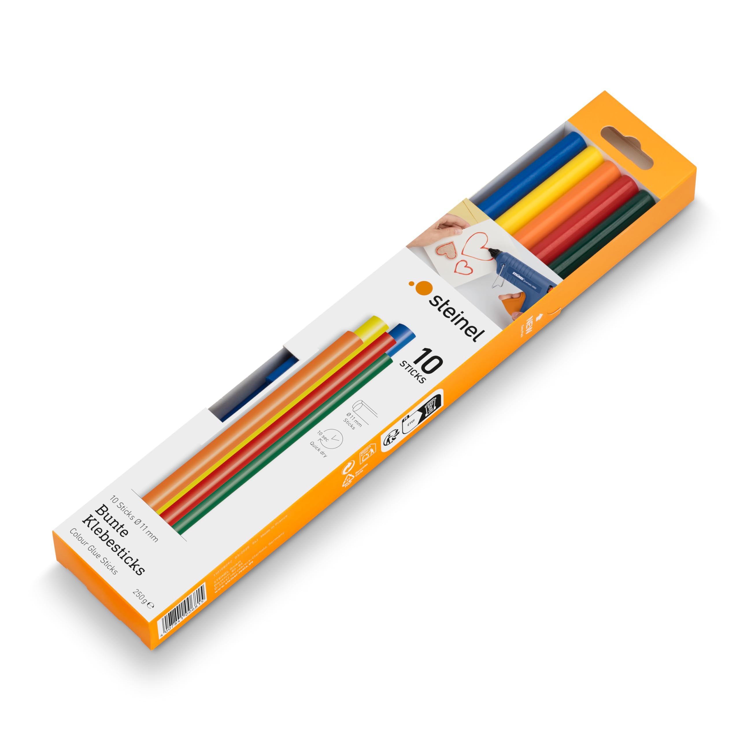 Steinel Colour glue sticks 11 mm, 10 coloured sticks, 250 g, colourful hot melt adhesive for creative crafting