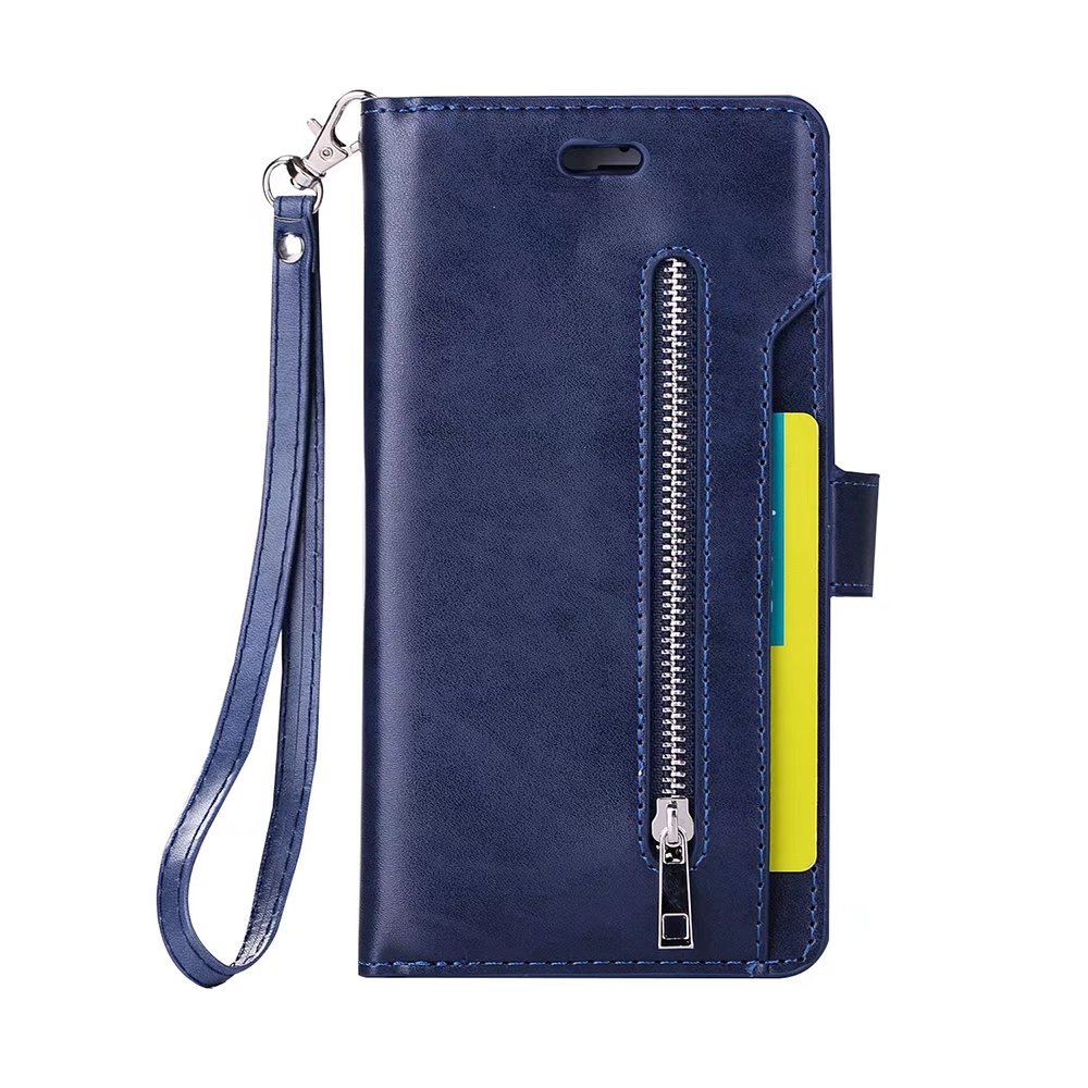 For iPhone 6S Plus Case, iPhone 6 Plus Magnetic Zipper Premium PU Leather Multifunctional Case with Purse Wallet Cover Stand Cash Card Holder Slot Hand Wrist Strap Design Folio Flip Case (Navy)
