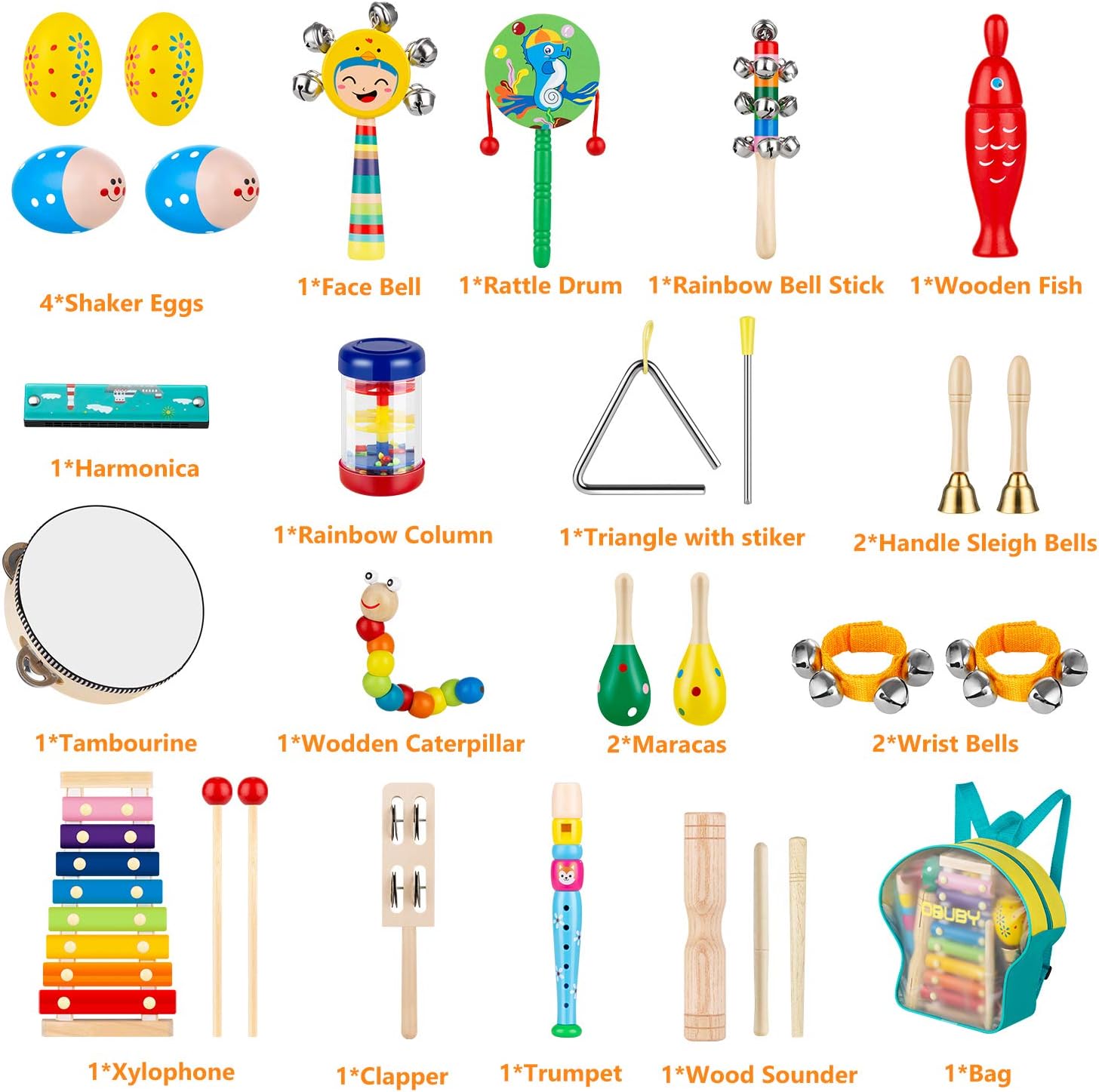 Obuby Toddler Musical Instruments Sets Wooden Percussion Instruments Toy for Kids Preschool Educational Wood Toys with Storage Bag for Kid Baby Babies Children Boys and Girls: Toys & Games