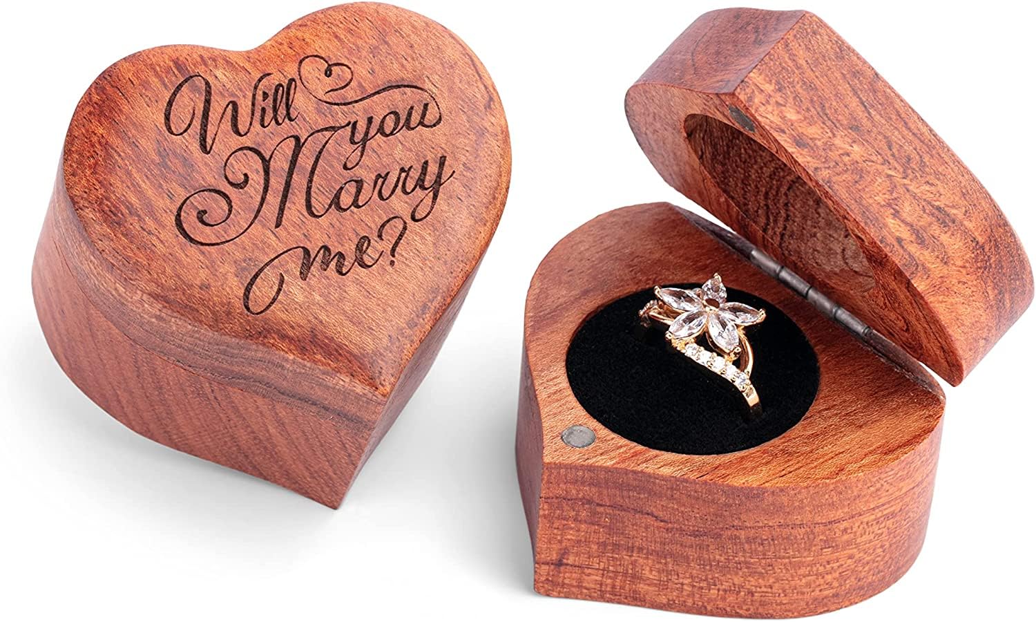 MONYCraft Ring Box Heart - Handmade Wooden Ring Box for Proposal , Rustic Vintage Ring Bearer Box, Wooden Ring Box Heart Shape Ring Box (Will You Marry Me - Heart)
