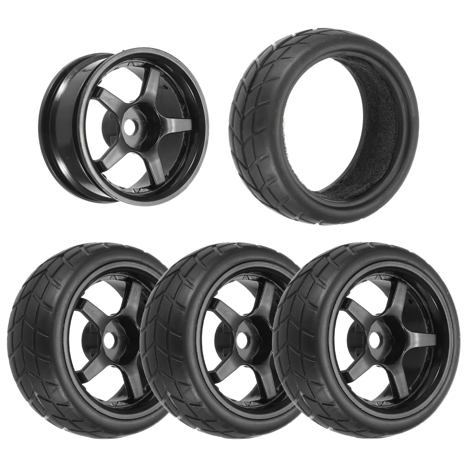 sourcing map 4-Pair High-Grip RC Car Tire & Wheel Set for 1/10 Scale On-Road Touring Cars - Soft Rubber Tyres with 12mm Hubs, Black, Type g