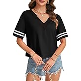 KIFOVEN Women's Lace Trim V Neck Striped Short Sleeve Loose Casual Shirt Top