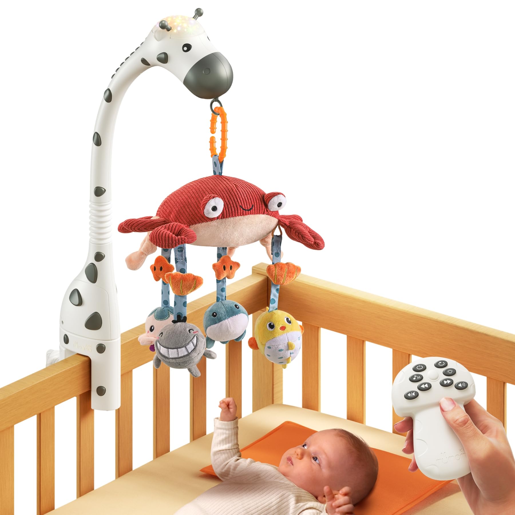 tumama Baby Musical Cot Crib Mobile Remote Control with Mirror Soft Animals Hanging Toys Lights Lullaby Rotating Projector Sleeping,Piano,Natural Music,Auto Off,Mute Spin Motor Infant Newborn Gift