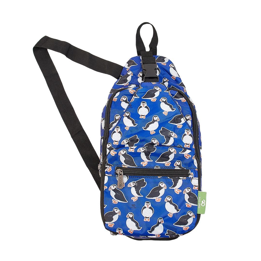 ECO CHIC Lightweight Foldable Crossbody Bag Recycled Plastic Shoulder Backpack Folds Into Pouch for Storage (Puffins Blue)