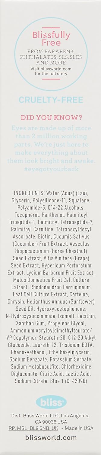 Bliss Eye Do All Things Hydrating Eye Gel Depuff & Brighten Straight-from-the-Spa Paraben Free, Cruelty Free 0.7 fl oz: Premium Beauty