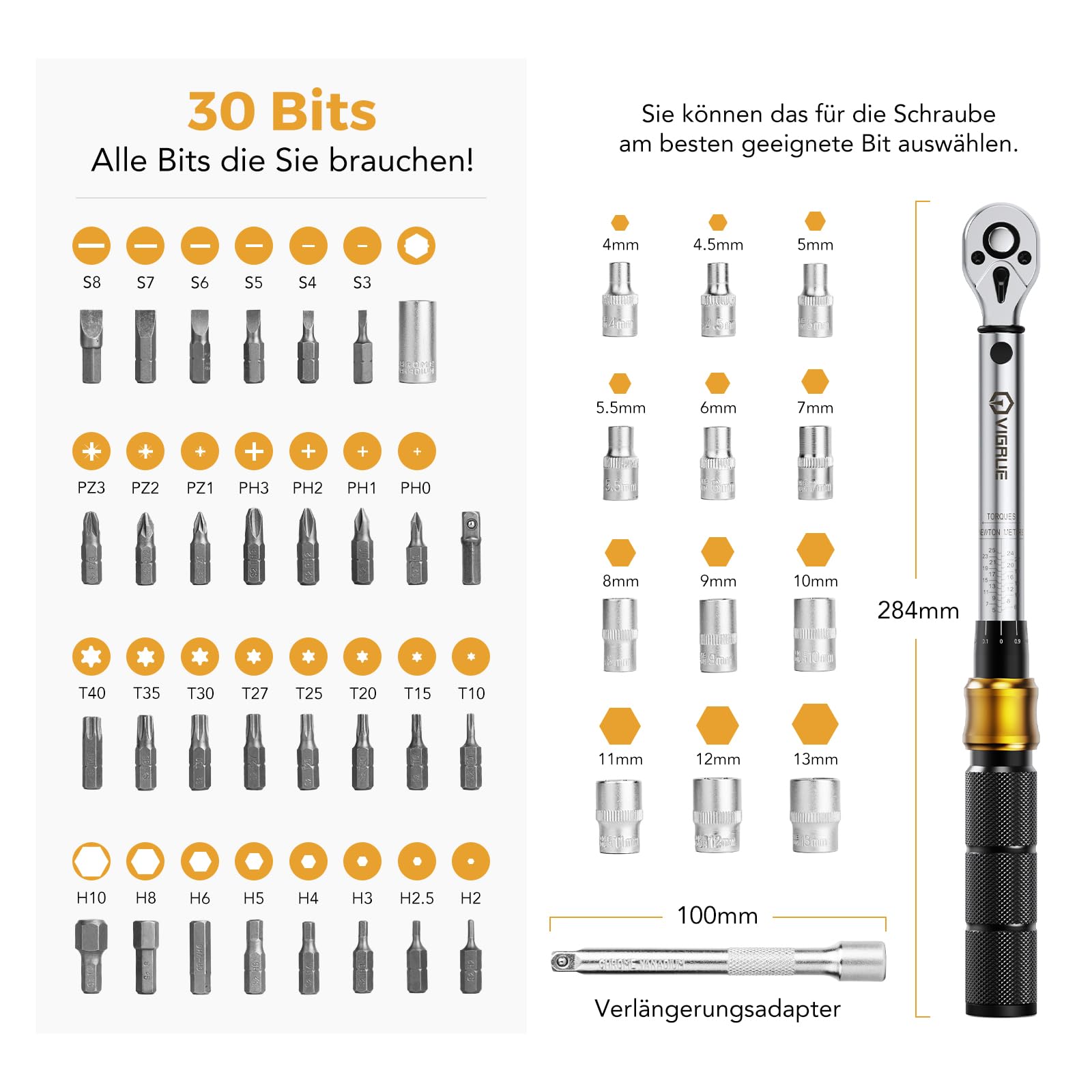 Drehmomentschlüssel Fahrrad 5-25 Nm, VIGRUE Drehmomentschlüssel 1/4 Zoll, ±4% Genauigkeit, Torque Wrench Set mit Ratsche, Verlängerungsstange, Universalgelenk, Zündkerzenhülse, Bits für Motorrad, Auto 6