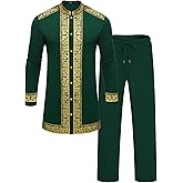 ZSJR Mens African 2 Piece Set Nigerian Dashiki Metallic Traditional Suit Gold Stamp Printed Shirt and Pants Outfit