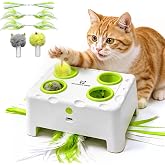 HAPPYCODE Cat Interactive Automatic Toys, Magic House Whack-a-Mole Toy | Rechargeable Stimulating Feather Kitten Toys, 3 Play Modes, 4 Holes Design, 4 Replacement Accessories