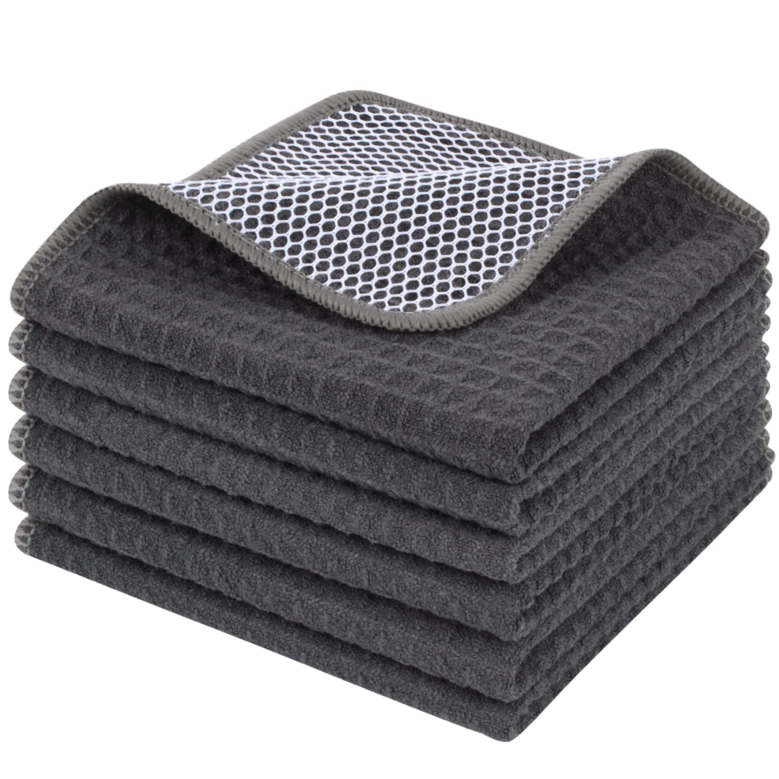 KinHwa Microfiber Dish Cloths for Washing Up Drying Towels Waffle Kitchen Cleaning Cloths with Poly Scour Side 12 Inch X 12 Inch 6pack Grey