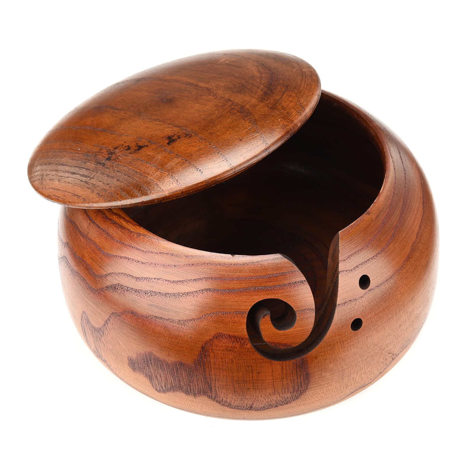 HJHIWE Wooden Yarn Bowl Crochet Yarn Bowl, Handmade Natural Wood Craft Knitting Yarn Bowls with Holes and Lid, Perfect Yarn Holder for Knitting and Crocheting (6.3 x 3.7 inch)