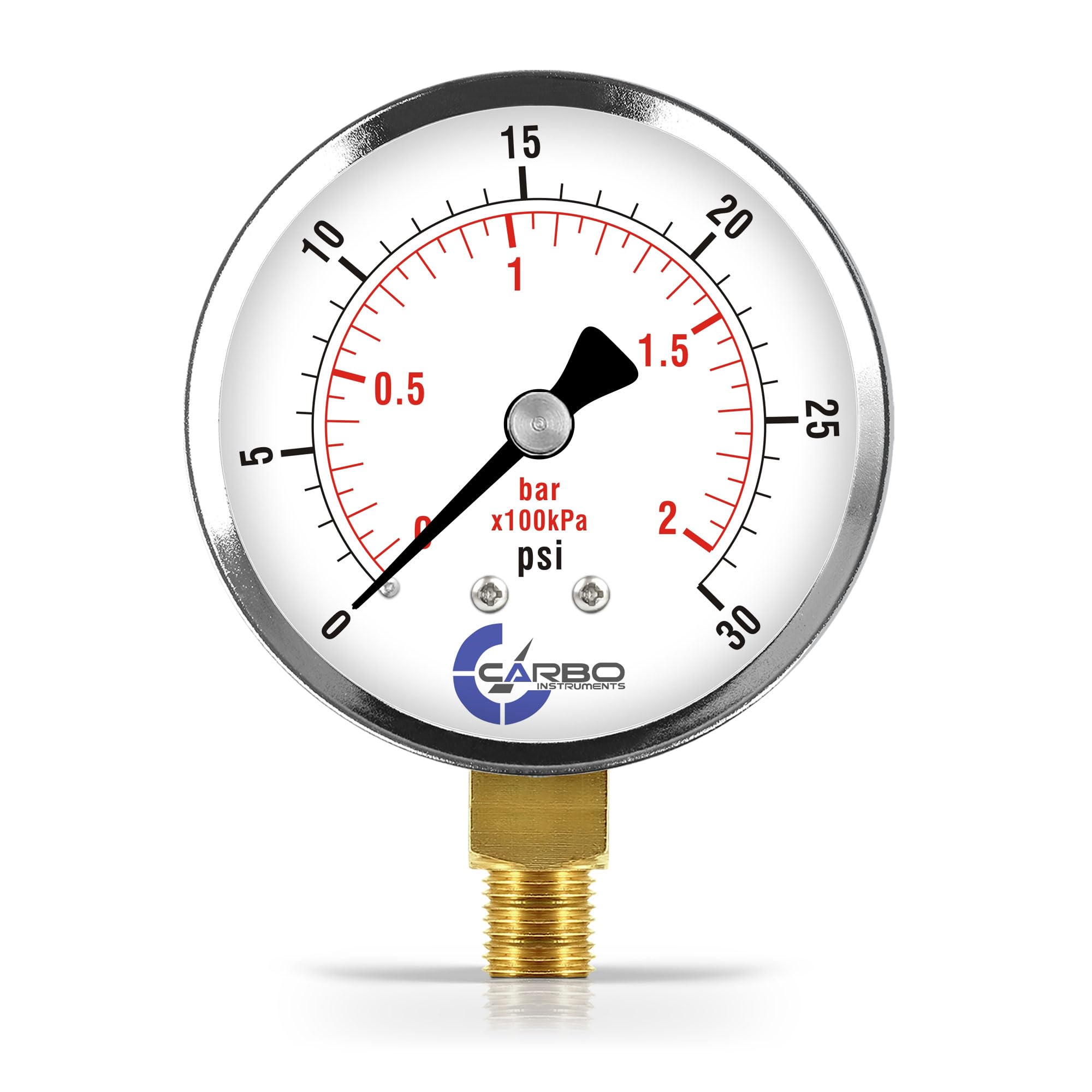 CARBO Instruments 2-1/2" Pressure Gauge, Chrome Plated Steel Case, Dry, 0-30 psi/kPa, Lower Mount 1/4" NPT