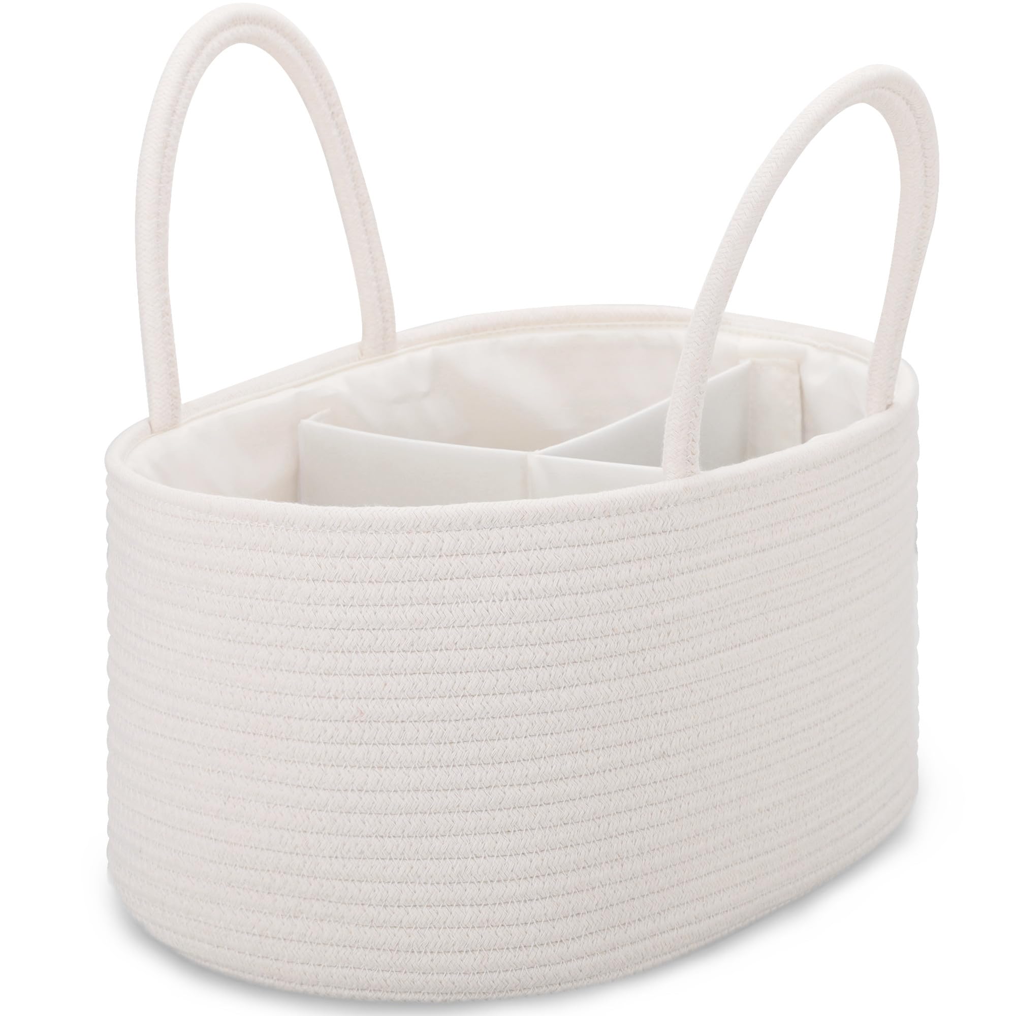 COMSE Large Nappy Caddy Organizer for Girl Boy, Baby Car Diaper Caddy with Handles, Cotton Rope Diaper Basket, Baby Shower Gifts Newborn Essentials Registry Must Have, White