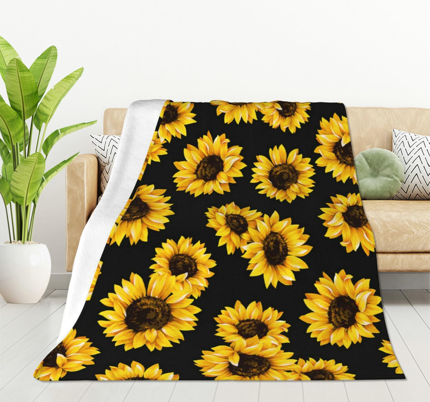 HGOD DESIGNS Sunflowers Black Tropical Flower Daisy Throw Blanket Ultra Soft Warm All Season Cute Floral Sunflower Decorative Fleece Blankets for Bed Chair Car Sofa Couch Bedroom 130x150cm