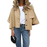 Cicy Bell Womens Oversized Cropped Trench Coats Single Breasted 3/4 Cape Sleeve Trendy Casual Jackets Button up Outerwear