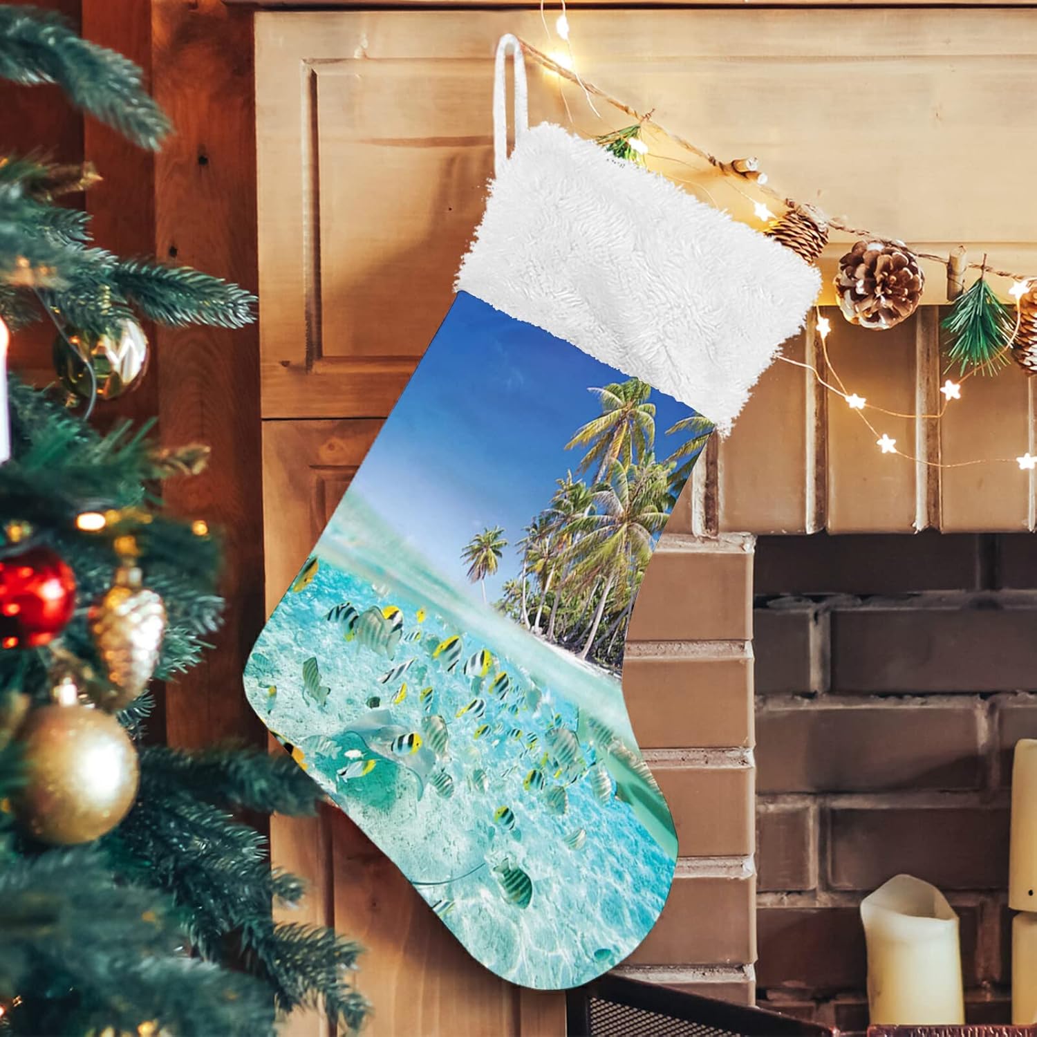 Stockings & Holders - feprena Underwater Christmas Stockings,Ocean Tropical Island Butterflyfish,Xmas Stocking with Hanging Rope Christmas Decorations Bags Party Home Decor 20 inch,Blue
