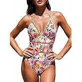 CUPSHE Women's One Piece Swimsuit Halter V Neck Crochet Bathing Suit Cutout Back Adjustable Straps Self Tie Spaghetti