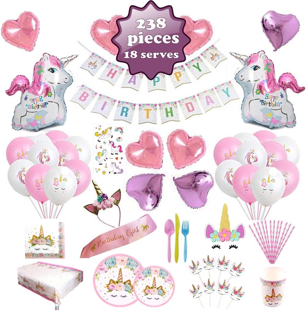 Unicorn Party Supplies set - 238 PCS - 18 Serves | Unicorn Decoration | Tableware | Favors | Balloons | Free Bonus