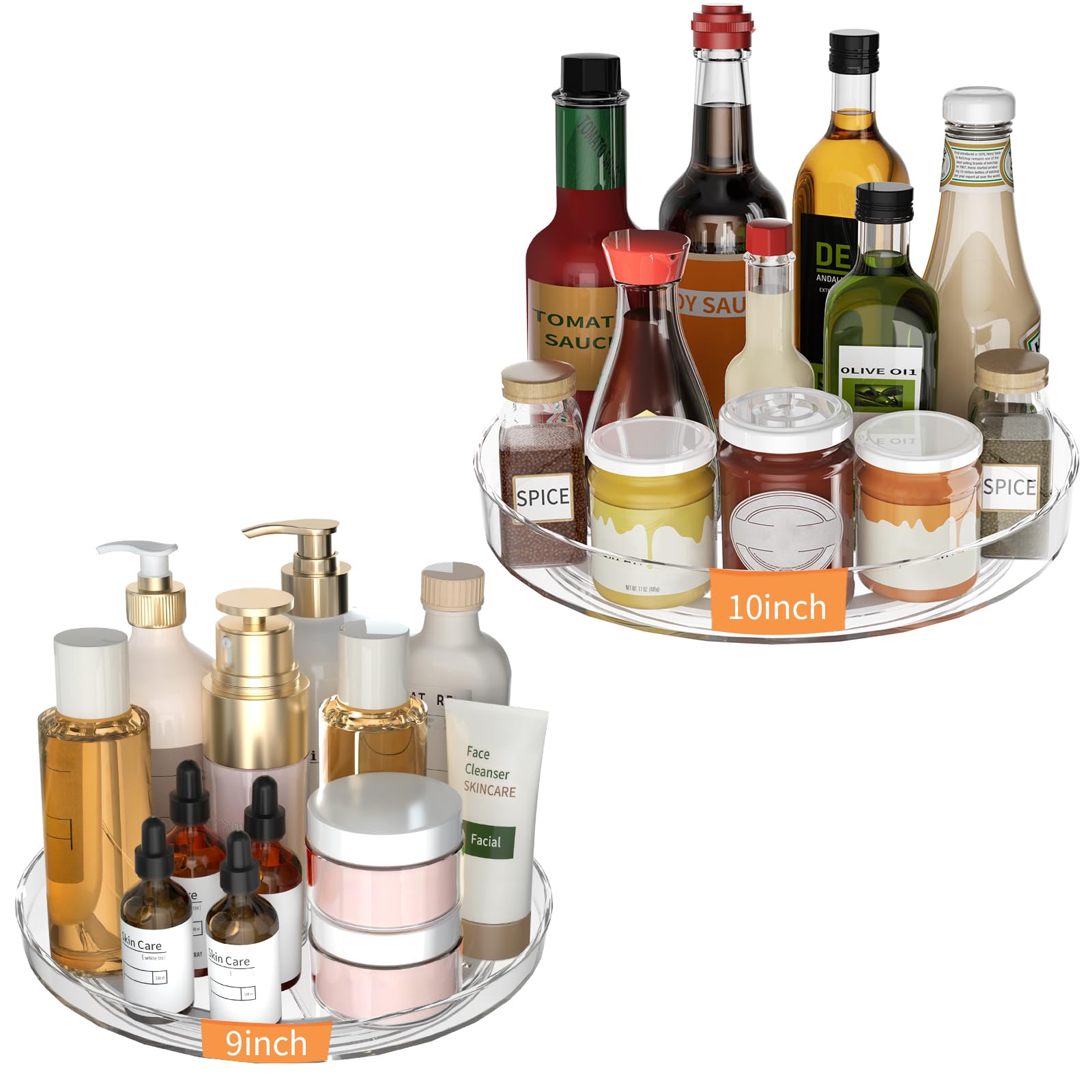 Photo 1 of 2 Pack Lazy Susan Turntable Organizer, 9 and 10 Inch Rotating Trays for Corner Cabinet, Fridge, Pantry, Kitchen, Table Top, Makeup Vanity, Bathroom Countertop Storage, Acrylic Spinning Spice Rack