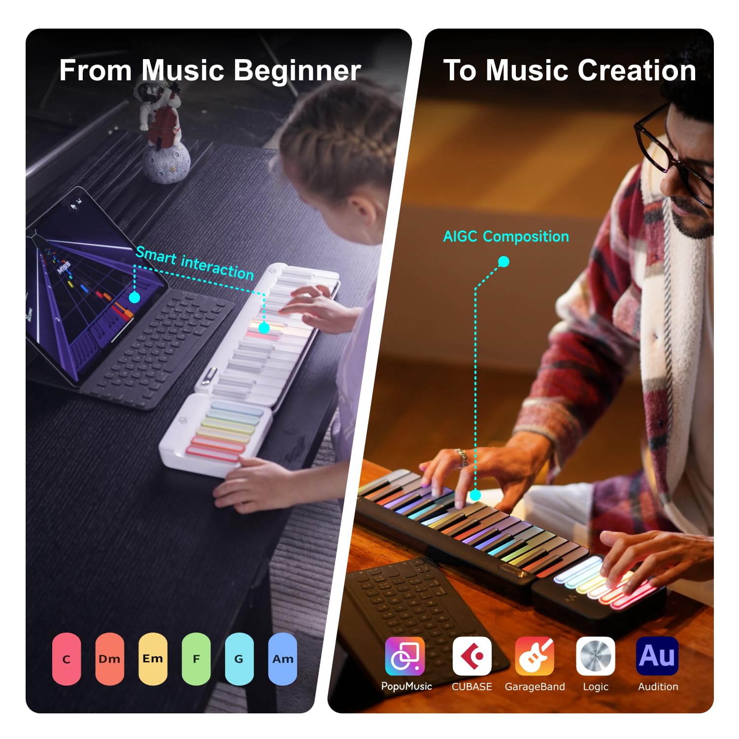 PopuPiano Portable Smart Piano Keyboard with Rainbow Light Keys, Interactive Lessons, MIDI, Expandable Keys, 100+ Chords, 256+ Tones, Visual Game Exercises - for Phone/PC/Tablet/Speaker