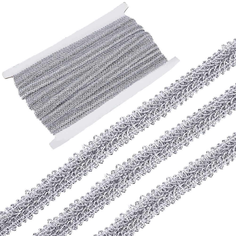 GORGECRAFT 13m Silver Metallic Ribbon Braid Gimp Trim 14mm Wavy Decorated Polyester Flat Trim Jacquard Strip Curve Venice Edge Craft Sewing Lace Garment Embellishments for Wedding Jewelry