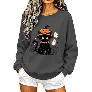 BRADEM Halloween Pumpkin Cat Sweatshirt Women Spooky Ghost Crewneck Long Sleeve Fall Casual Graphic Holiday Party Pullover