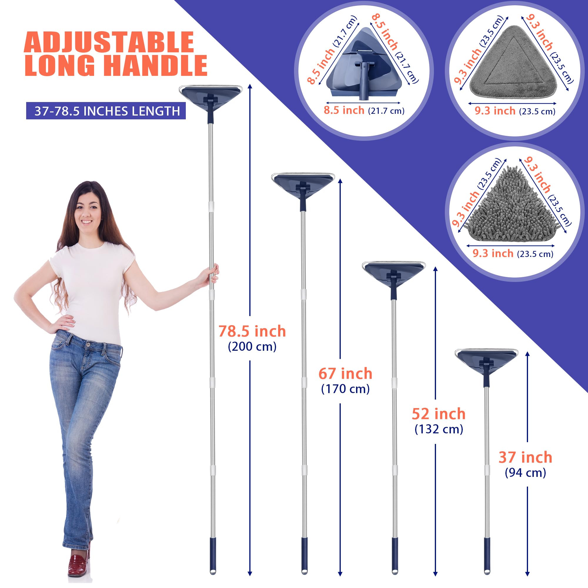 JEHONN Wall Cleaner Mop with Long Handle 82 Inches, 3-in-1 Ceiling Cleaning Tool Duster with 6 Replacement Microfiber Chenille Pads for Painted Walls, Window, Floor, Baseboard