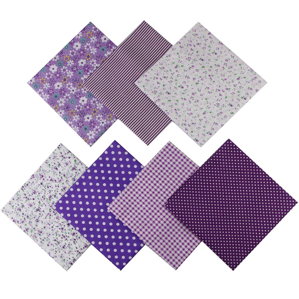 Jukway 7PCS Different Patterns Printed Cotton Fabric Squares 50 x 50 cm Handmade Craft Patchwork Cloths Bundle for Sewing, Quilting, DIY Decoration, Scrapbooking, Handwork (Purple)