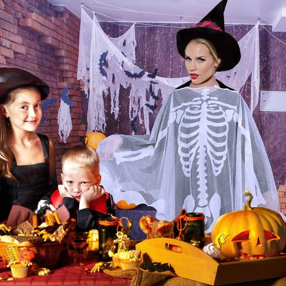 OurWarm Halloween Poncho White Lace Skeleton Poncho for Women, Day of The Dead Costume 60 x 60 Inch: Clothing