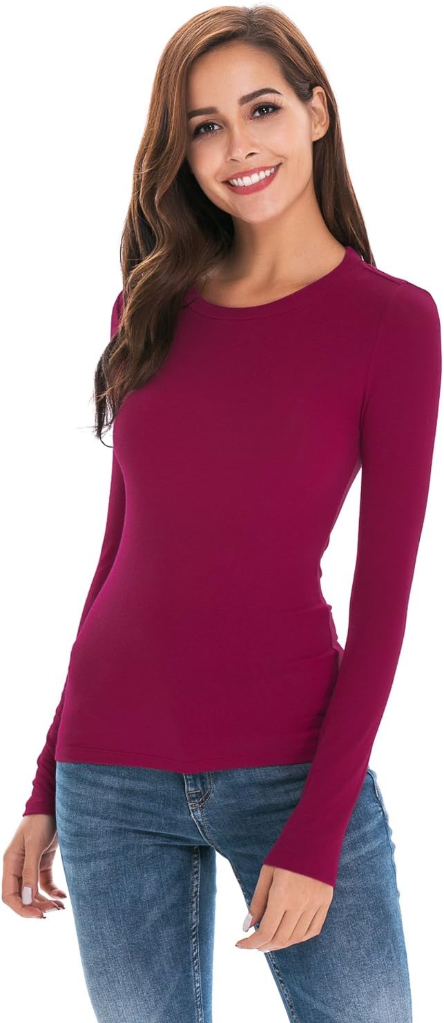 Womens Basic Long Sleeve Crew Neck Comfy Layering Slim Fit Stretch Henley Tees Shirts Top
