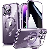 [CD Metal Ring Stand + Built-in Privacy Screen Protector] Magnetic Case for iPhone 14 Pro Max 6.7" [Soft Bumper Full Signal] [Compatible with MagSafe] 9H Glass Full Body Shockproof Clear Case, Purple
