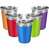 Kids Stainless Steel Cups, 12oz Kids Metal Drinking Glasses with Lids and Sleeves, Unbreakable Spill Proof Cups for Kid and Adult, Stacking Sippy Cups for Hot Chocolate & Cold Drinks 5Pack