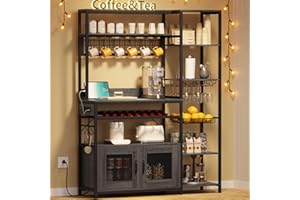 UPOSOJA Bakers Rack with Power Outlet, 47.2in Microwave Stand with Storage Shelves, Coffee Bar with Cabinet, Kitchen Pantry Hutch, Side Hooks, Wine Rack, Goblet Holder, Wire Basket(Grey)