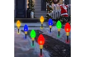 KONICTOM Christmas Lights Jumbo C9 Outdoor Lawn Decorations with Pathway Marker Stakes, 2 Pack 7 Feet String Lights with Multi Color Giant Lighted Bulbs for Holiday Outside Yard Garden Decor, 8 Lights