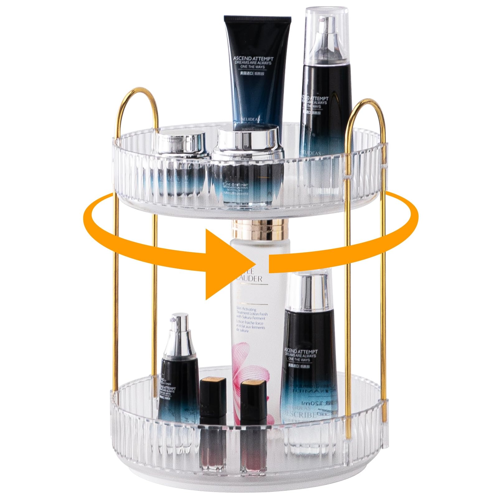 360° Rotating Makeup Organiser for Vanity, High-Capacity Skincare Organiser, Spinning Cosmetics Organiser for Vanity Dresser Bathroom Countertop (2 Tiers, Clear)