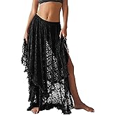ROJZR Womens Lace Long Skirts Elastic High Low Asymmetrical Layered Hem Sexy See-Through Maxi Skirts Sheer Flowy Beach