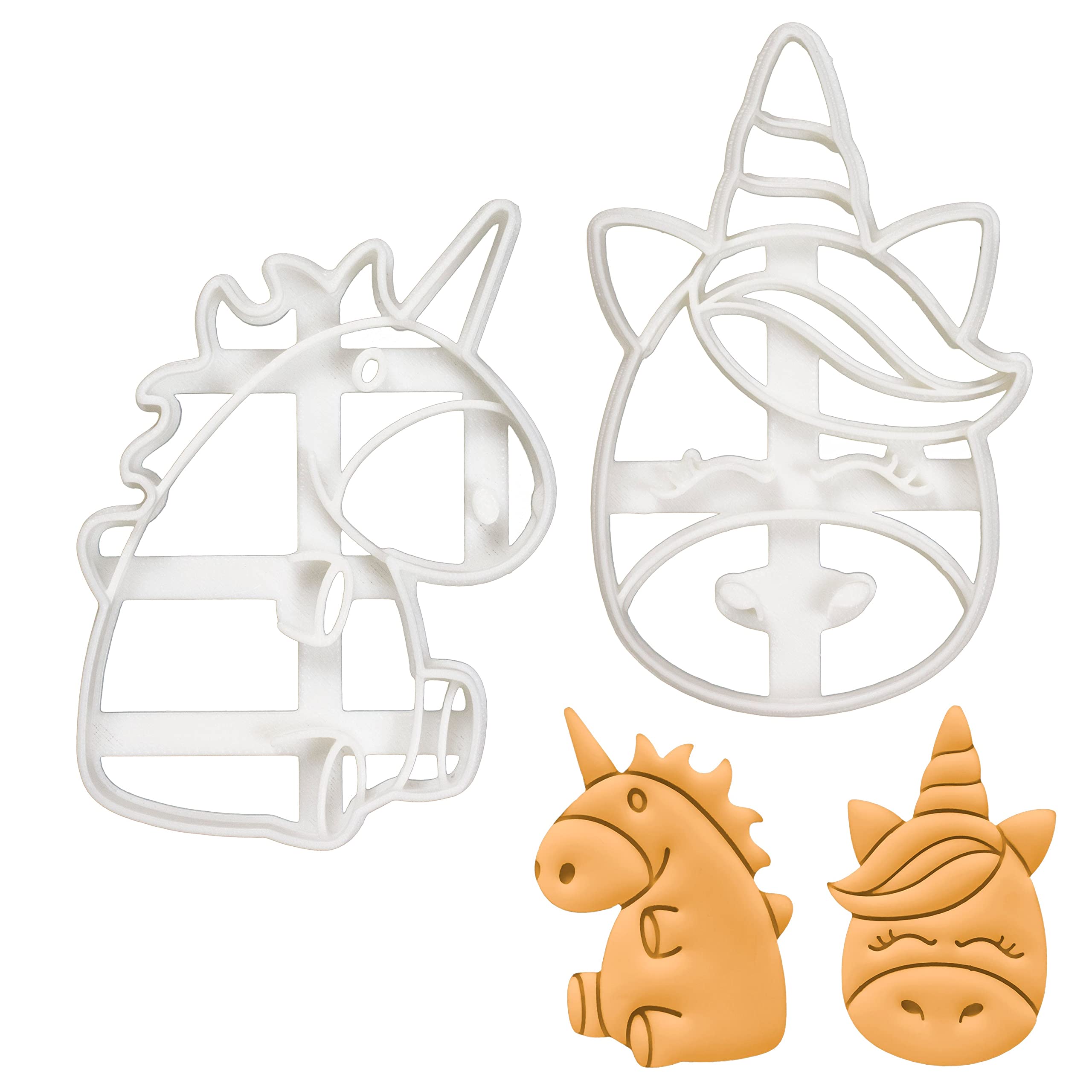 BAKERLOGY Set of 2 Cute Unicorn Cookie Cutters (Designs: Body and Face) - Detailed Biscuit Cutter Design for Baking and Crafts, Ideal on Fondant, Dough, Clay