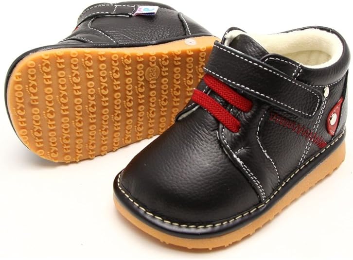 FREYCOO Squeaky Leather Toddler Boys Shoes Black Sneakers red Laces