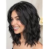 AISI HAIR 14 Inch Natural Black Wigs for Women - Shoulder Length Wave Wig with Pre-Cut Lace Hairline, Middle Part Natural Wavy Bob Synthetic Heat Resistant Fiber for Daily and Party
